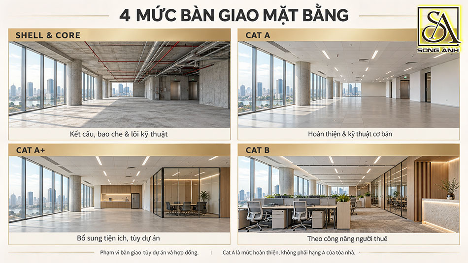 So sánh mặt bằng văn phòng ở bốn mức bàn giao shell & core, Cat A, Cat A+ và Cat B.